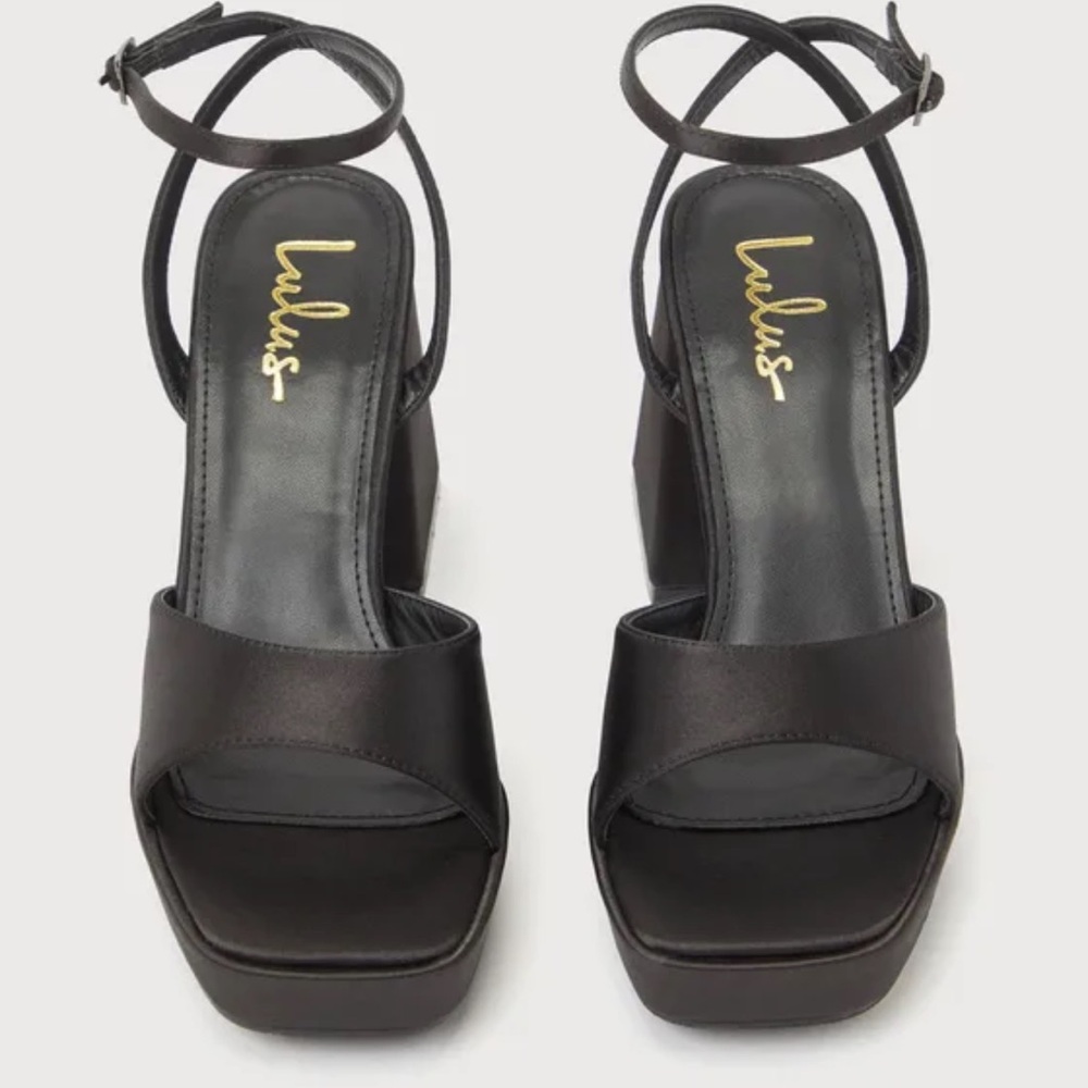 Lulus Shirine Black Satin Platform Ankle Strap Heels